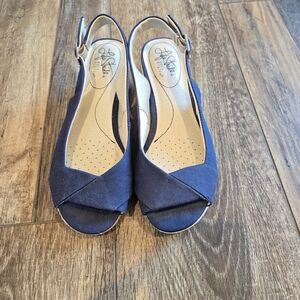 LifeStride Socialite Navy Espadrille Wedge Sandals Peep Toe Slingback Size 6.5